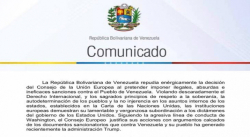 Venezuela rechaza sanciones del Consejo de la Unión Europea